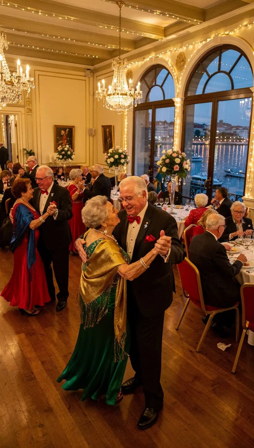 Group of seniors dancing joyfully at a meetup.